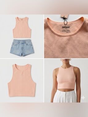 NWT Garage Sia Seamless High Neck Ribbed Crop Top Beach Sand Peach Cami Womens L